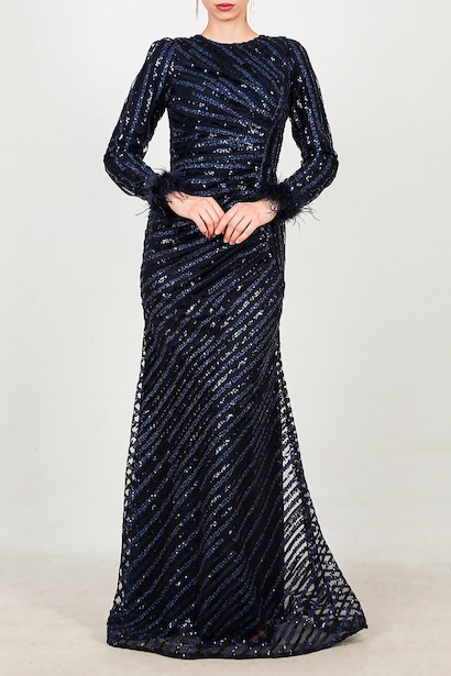 Kadın Kol Ucu Tüy Detay Pullu Uzun Abiye  Lacivert 6