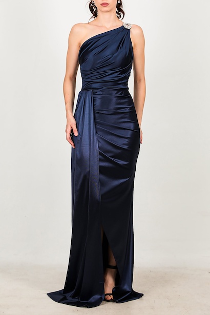 Kadın Omuz Aksesuarlı Uzun Saten Abiye  Lacivert 6