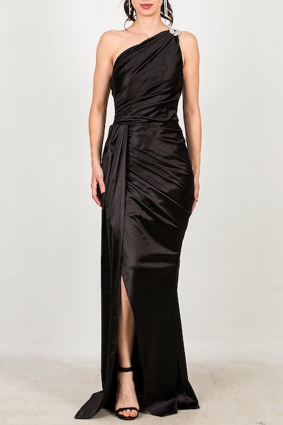 Kadın Omuz Aksesuarlı Uzun Saten Abiye  Siyah 6