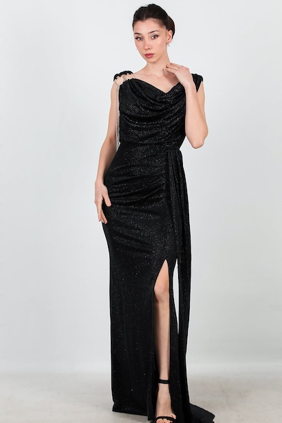 Kadın Omuz Aksesuar Detay Kolsuz Uzun Abiye  Siyah 6