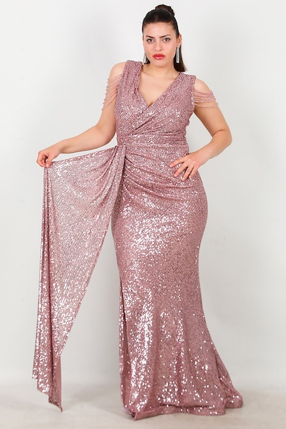 Büyük Beden Omuz Zincir Detay Uzun Pullu Abiye 