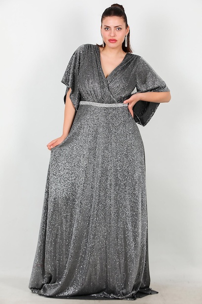 Büyük Beden Beli Taş Şeritli Uzun Abiye 