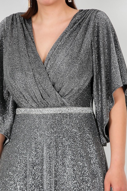 Büyük Beden Beli Taş Şeritli Uzun Abiye  Gümüş 9