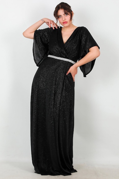 Büyük Beden Beli Taş Şeritli Uzun Abiye 