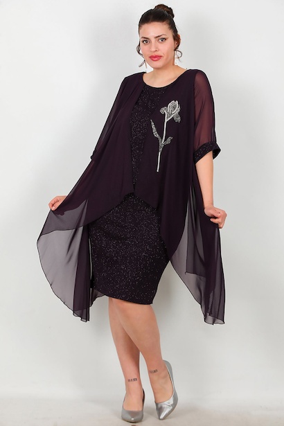 Büyük Beden Çiçek Taş Detay Kısa Abiye 