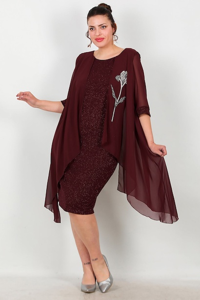Büyük Beden Çiçek Taş Detay Kısa Abiye 