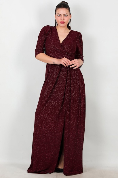 Büyük Beden Dirsek Kol Simli Uzun Abiye 