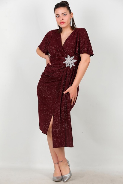 Büyük Beden Beli Çicek Taşlı Midi Boy Abiye 