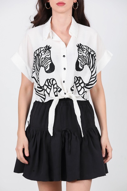 Kadın Zebra İşlemeli Ön Bağlamalı Gömlek  Ekru 6