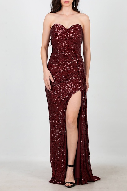 Kadın Staplez Uzun Pullu Abiye  Bordo 6