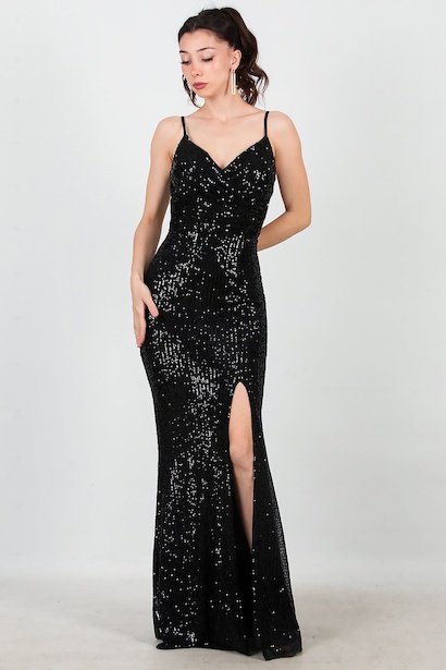 Kadın Kluveze Yaka İp Askılı Pullu Uzun Abiye 