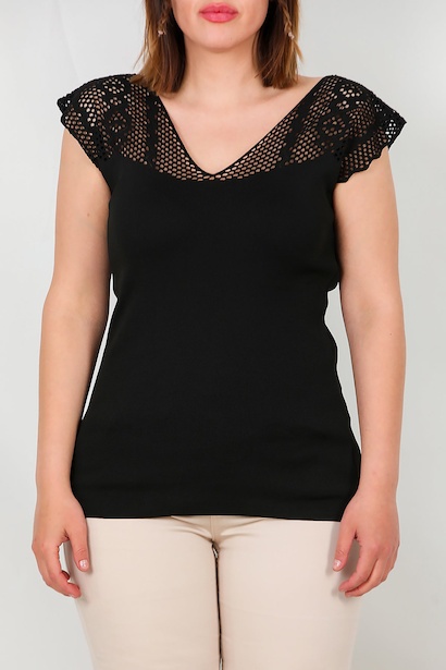 Büyük Beden Ajurlu Triko Bluz  Siyah 6