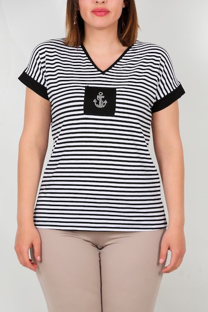 Büyük Beden Çapa Taş İşlemeli Çizgili Bluz  Siyah 6