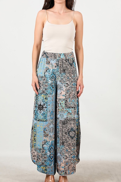 Kadın Mendil Paça Desenli Pantolon  Mavi 6