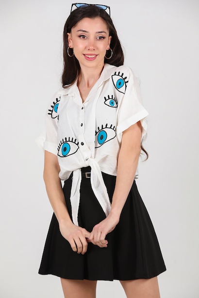 Kadın Göz Nakışlı Ön Bağlamalı Gömlek 
