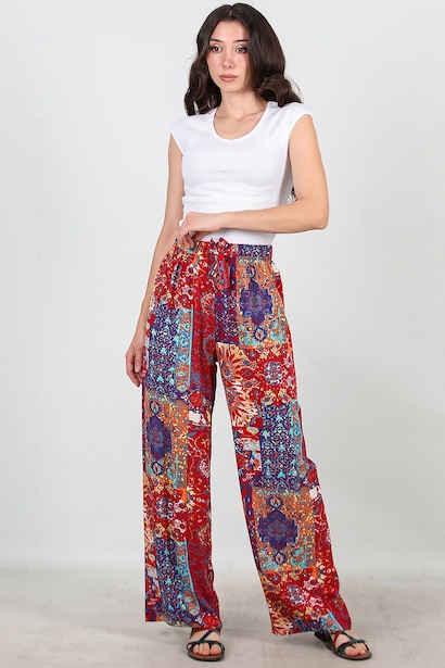 Kadın Bol Paça Desenli Pantolon 