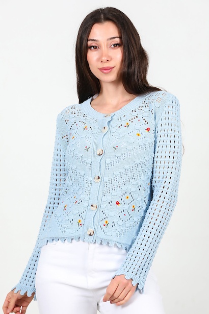 Kadın İşlemeli Kısa Hırka  Mavi 6