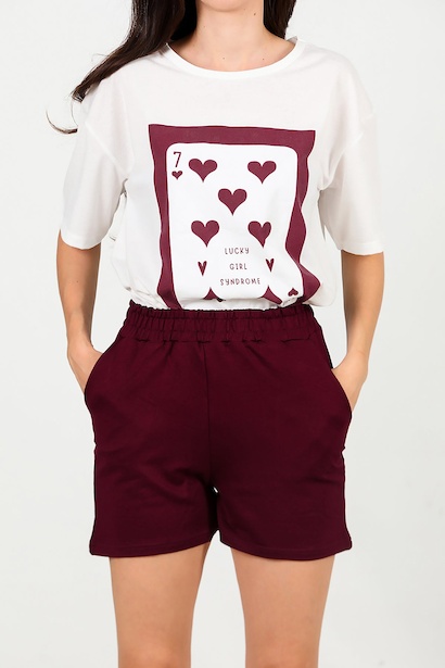 Kadın Cepli Penye Şort  Bordo 6