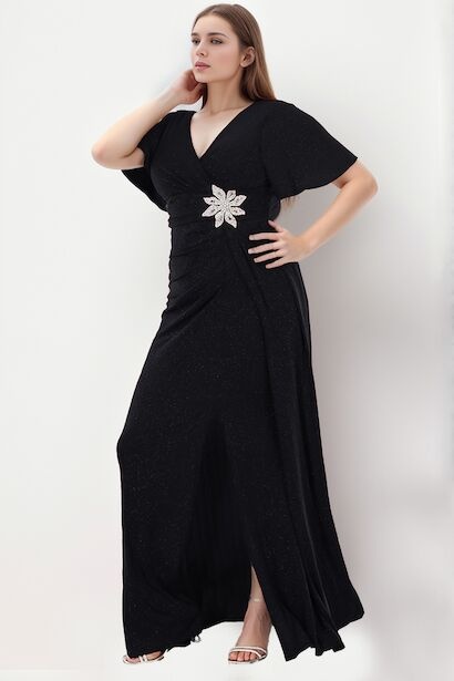 Büyük Beden Bel Çiçek Taşlı Uzun Simli Abiye 