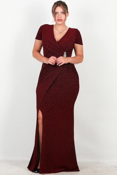 Büyük Beden Beli Taşlı Kısa Kol Uzun Simli Abiye 