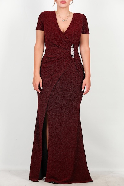 Büyük Beden Beli Taşlı Kısa Kol Uzun Simli Abiye  Bordo 6