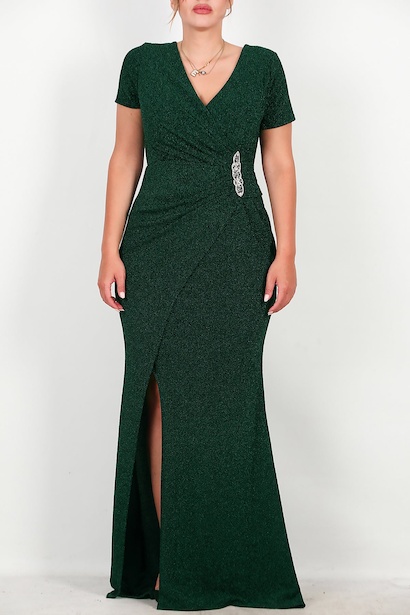 Büyük Beden Beli Taşlı Kısa Kol Uzun Simli Abiye  Zümrüt 6