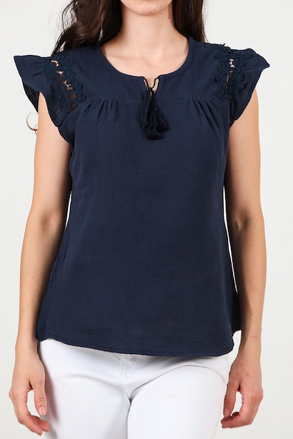 Kadın Önü Bağlama Kolları Güpürlü Bluz  Lacivert 6