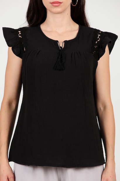Kadın Önü Bağlama Kolları Güpürlü Bluz  Siyah 6