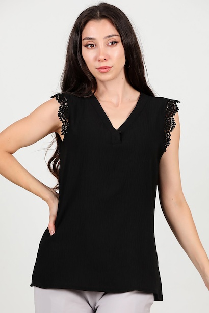 Kadın Kol Dantel Yaka Düğmeli Bluz 