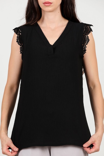 Kadın Kol Dantel Yaka Düğmeli Bluz  Siyah 6