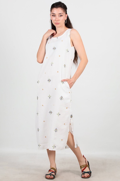 Kadın Kalın Askılı Nakışlı Elbise 