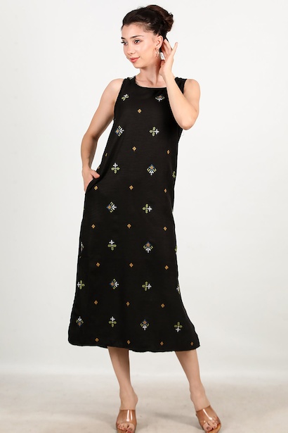 Kadın Kalın Askılı Nakışlı Elbise 