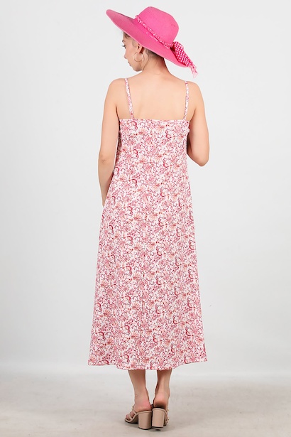 Kadın İp Askılı Desenli Uzun Elbise  Pembe 6