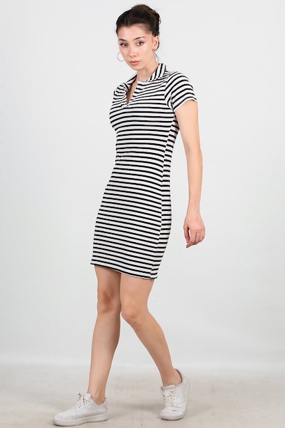 Kadın Çizgili Yakalı Elbise 