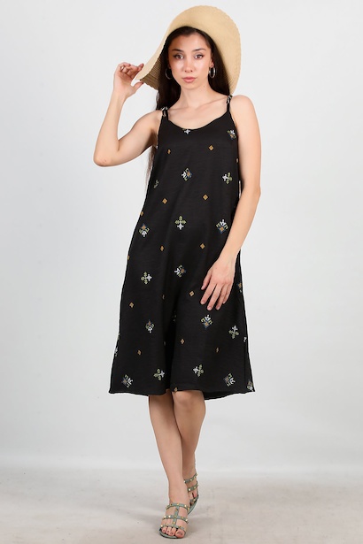 Kadın İp Askılı Keten Elbise 