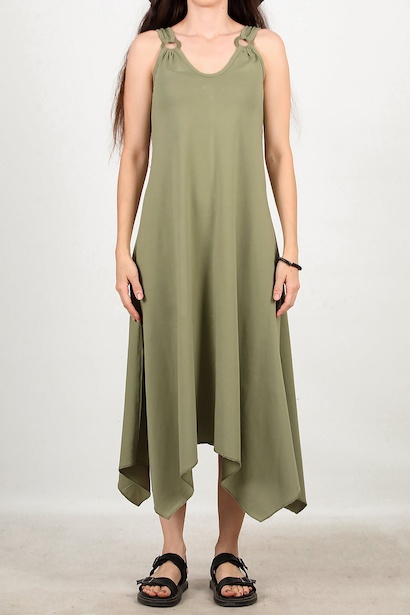Kadın Kol Halka Detay Uzun Elbise  Haki 6