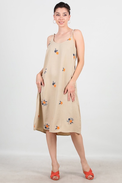 Kadın İp Askılı Desenli Keten Elbise 