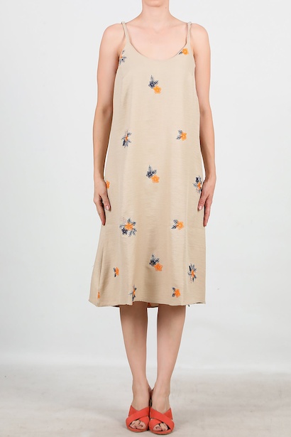 Kadın İp Askılı Desenli Keten Elbise  Bej 6