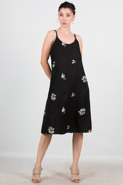 Kadın İp Askılı Desenli Keten Elbise 