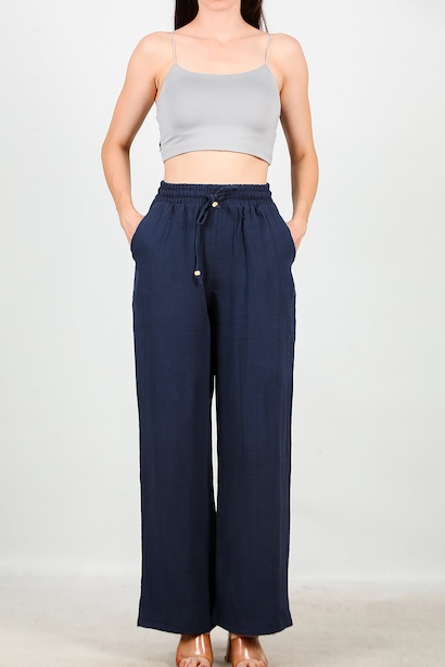 Kadın Geniş Paça İnce Keten Pantolon  Lacivert 6