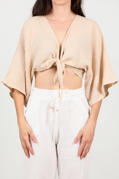 Kadın Ön Bağlama Kimono  Bej 6