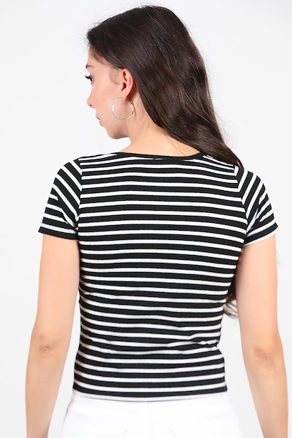 Kadın Kalın Çizgili Tshırt  Siyah 6