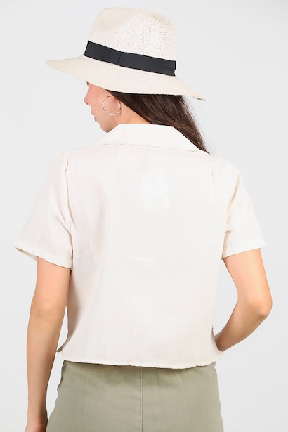 Kadın Yakalı Düğmeli Keten Gömlek  Taş 6