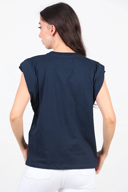 Kadın Çift Kat Kol Bisiklet Yaka Tshırt  Lacivert 6