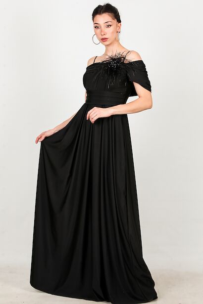 Kadın Göğsü Tül Detay Düşük Omuz Abiye 