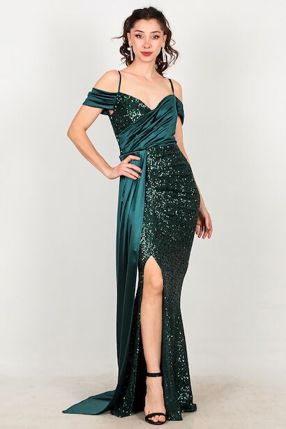 Kadın Saten Detay Düşük Omuz Pullu Abiye 