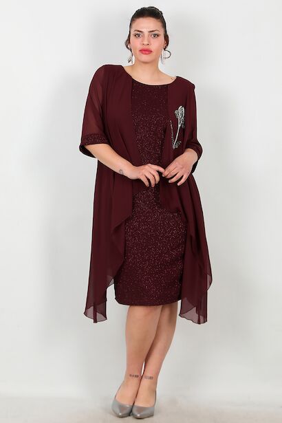 Büyük Beden Çiçek Taş Detay Kısa Abiye 