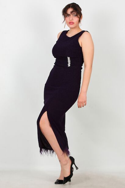 Büyük Beden Tül Detay Bel Aksesuar Midi Abiye  Mor