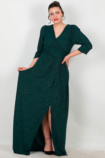 Büyük Beden Dirsek Kol Simli Uzun Abiye 