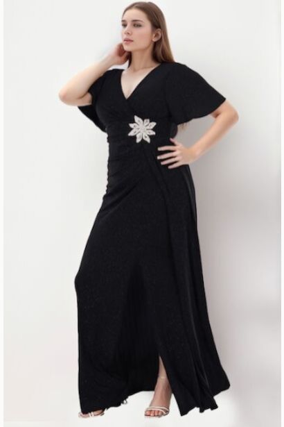 Büyük Beden Bel Çiçek Taşlı Uzun Simli Abiye 